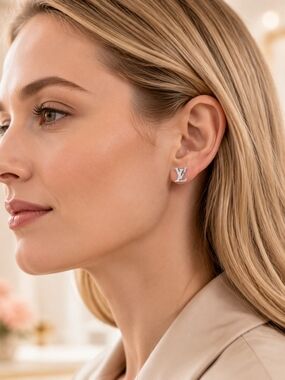 Monogram Logo Stud Earrings in Silver Tone